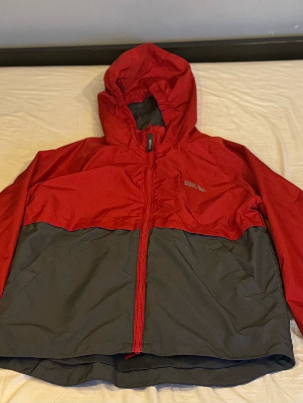 Eddie Bauer Red and Gray Hooded Rain Jacket